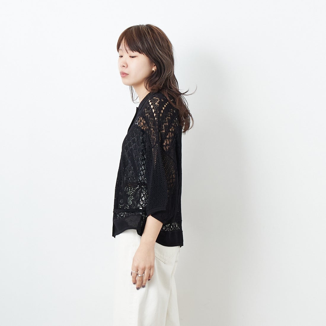 CLOCHE [クロシェ] レース編みニットシャツカーデ [51285553] ﾌﾞﾗｯｸ &&モデル身長：167cm 着用サイズ：2&&
