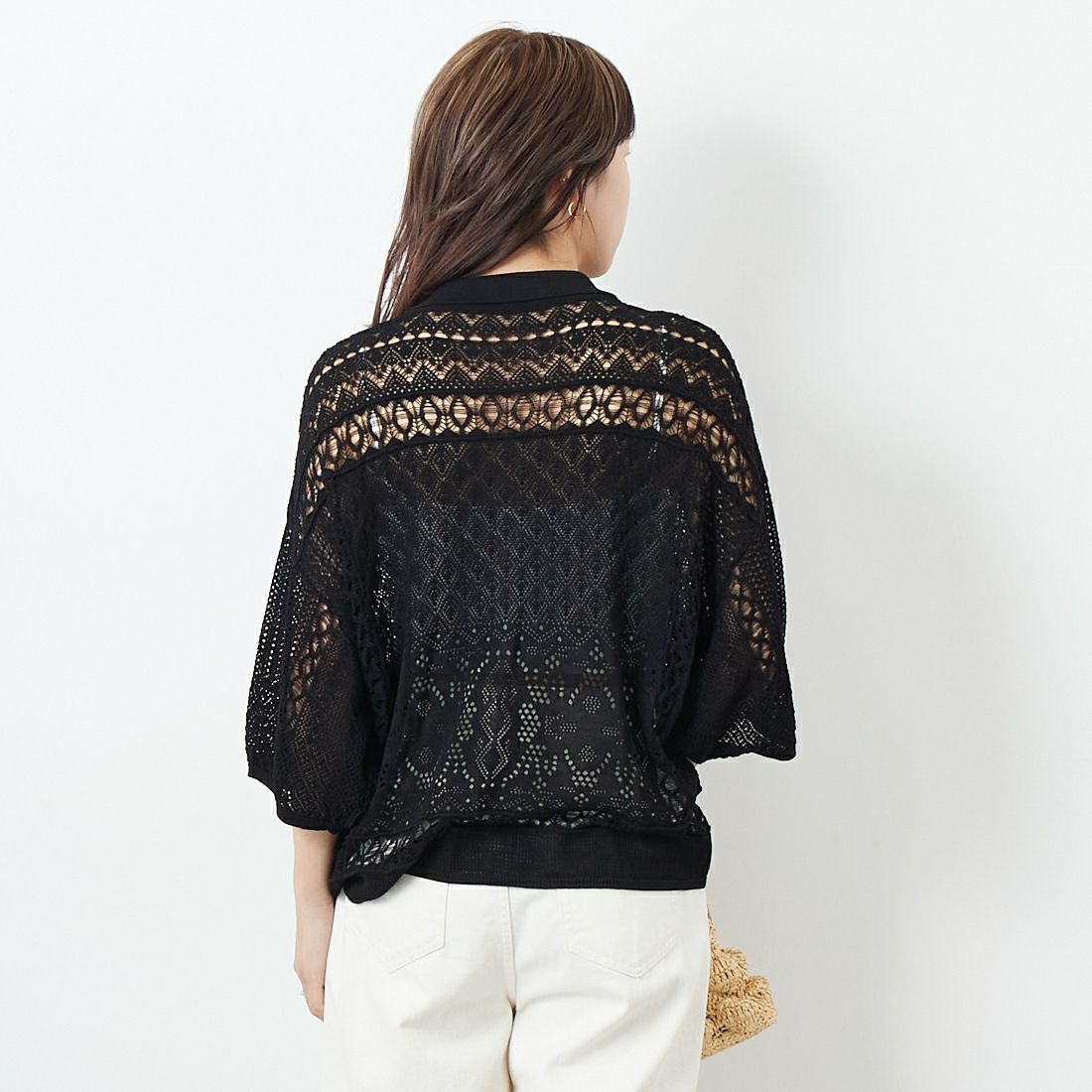 CLOCHE [クロシェ] レース編みニットシャツカーデ [51285553] ﾌﾞﾗｯｸ &&モデル身長：167cm 着用サイズ：2&&