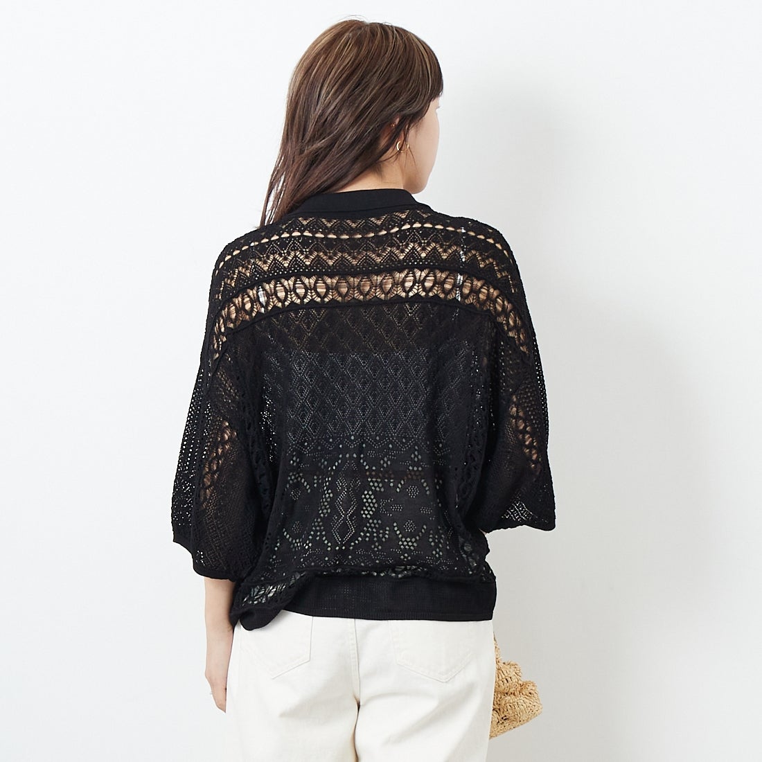 CLOCHE [クロシェ] レース編みニットシャツカーデ [51285553] ﾌﾞﾗｯｸ &&モデル身長：167cm 着用サイズ：2&&