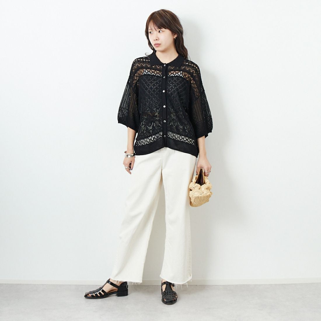 CLOCHE [クロシェ] レース編みニットシャツカーデ [51285553] ﾌﾞﾗｯｸ &&モデル身長：167cm 着用サイズ：2&&