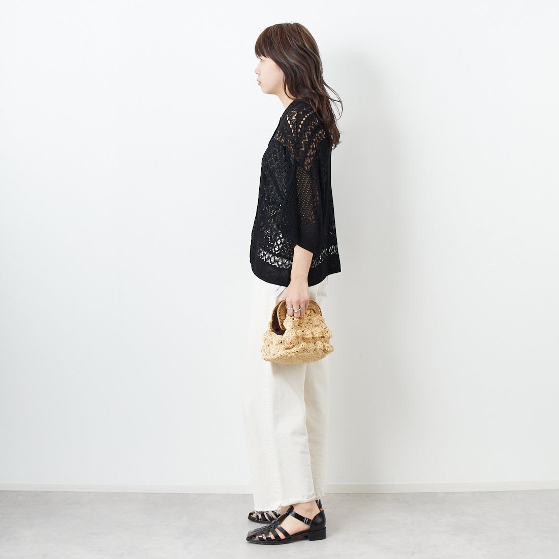 CLOCHE [クロシェ] レース編みニットシャツカーデ [51285553] ﾌﾞﾗｯｸ &&モデル身長：167cm 着用サイズ：2&&