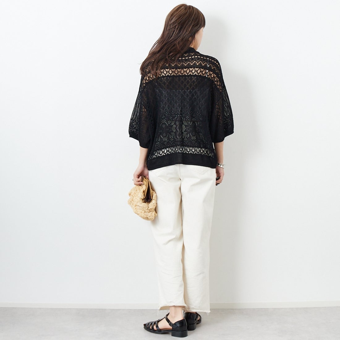 CLOCHE [クロシェ] レース編みニットシャツカーデ [51285553] ﾌﾞﾗｯｸ &&モデル身長：167cm 着用サイズ：2&&