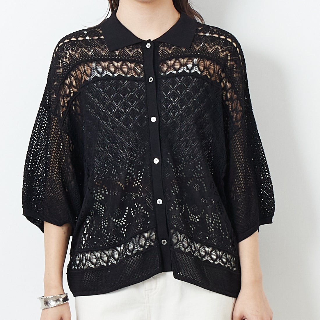 CLOCHE [クロシェ] レース編みニットシャツカーデ [51285553] ﾌﾞﾗｯｸ &&モデル身長：167cm 着用サイズ：2&&