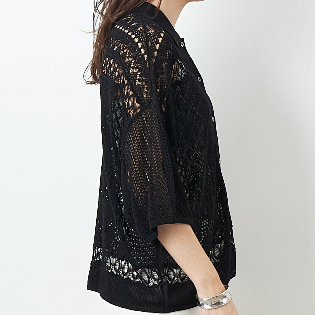 CLOCHE [クロシェ] レース編みニットシャツカーデ [51285553] ﾌﾞﾗｯｸ &&モデル身長：167cm 着用サイズ：2&&