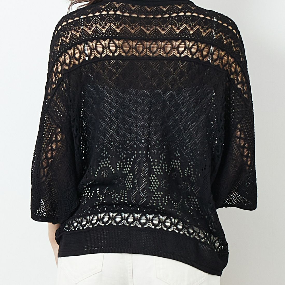 CLOCHE [クロシェ] レース編みニットシャツカーデ [51285553] ﾌﾞﾗｯｸ &&モデル身長：167cm 着用サイズ：2&&