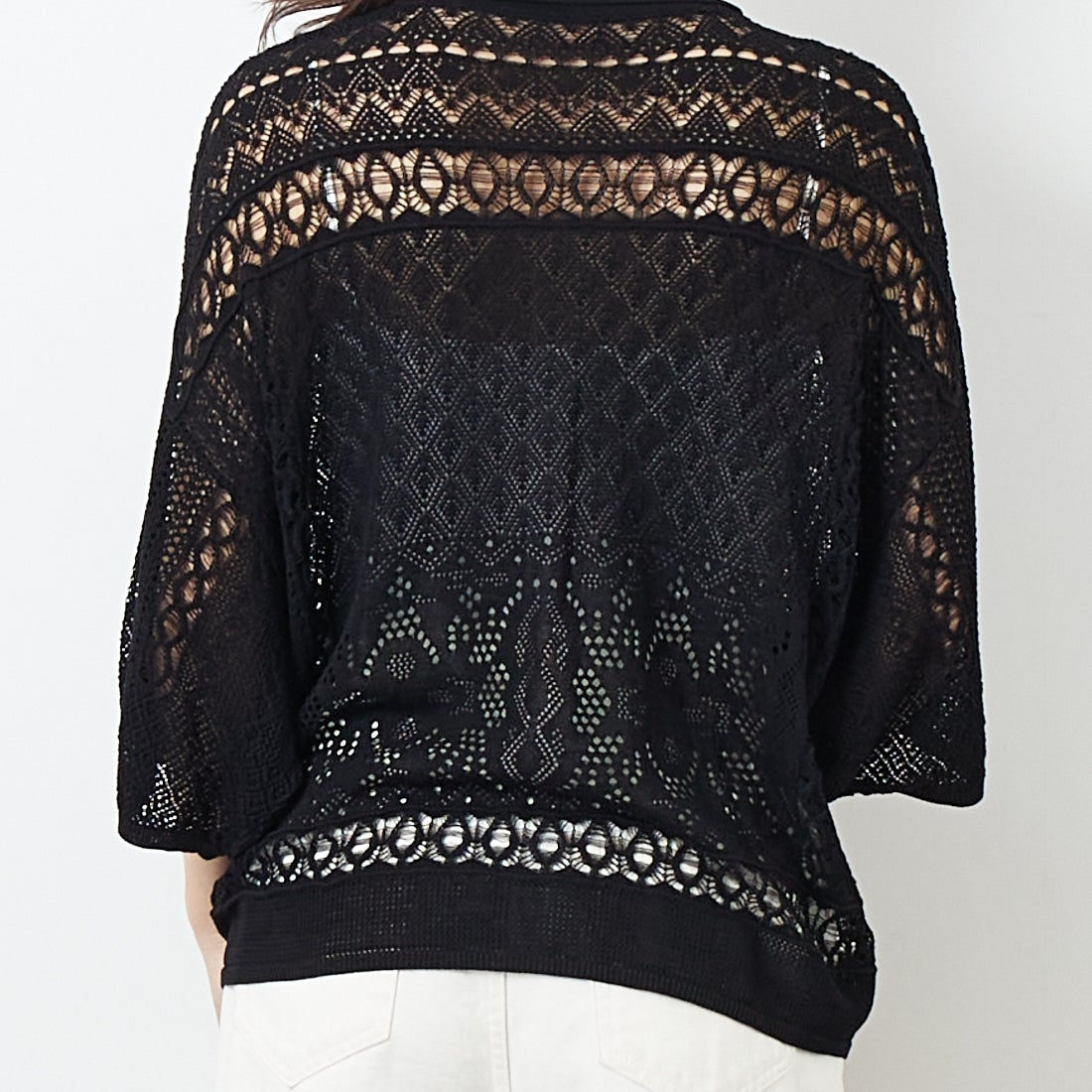 CLOCHE [クロシェ] レース編みニットシャツカーデ [51285553] ﾌﾞﾗｯｸ &&モデル身長：167cm 着用サイズ：2&&