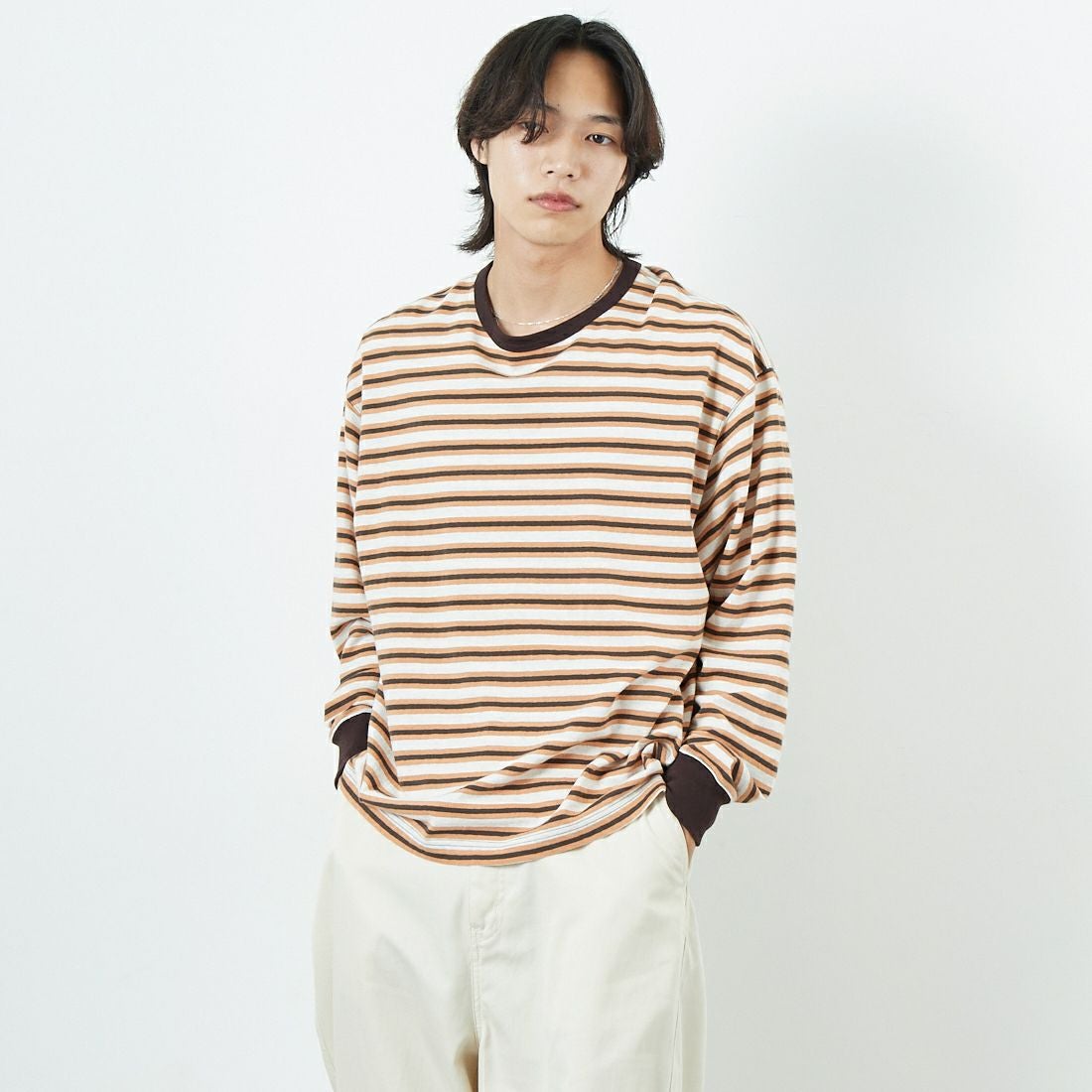 Name. [ネーム] ボーダーロングスリーブTシャツ [NMCU-044] BRN/ORANGE &&モデル身長：179cm 着用サイズ：0&&