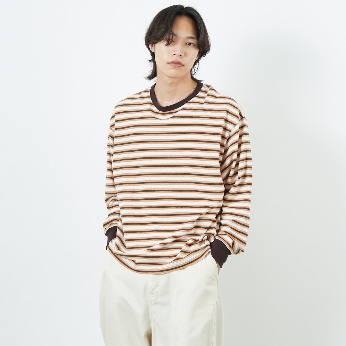 Name. [ネーム] ボーダーロングスリーブTシャツ [NMCU-044] BRN/ORANGE &&モデル身長：179cm 着用サイズ：0&&