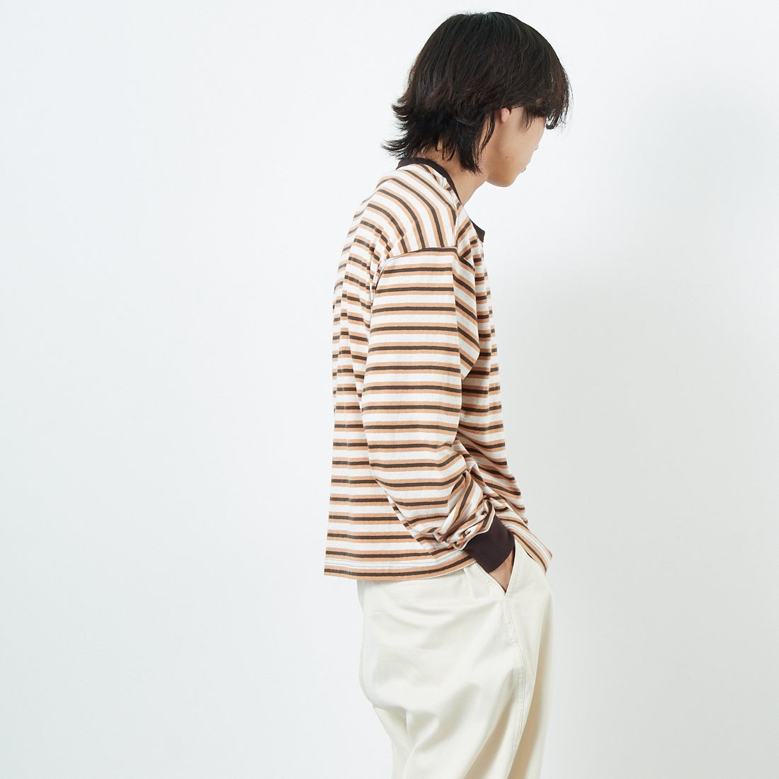 Name. [ネーム] ボーダーロングスリーブTシャツ [NMCU-044] BRN/ORANGE &&モデル身長：179cm 着用サイズ：0&&