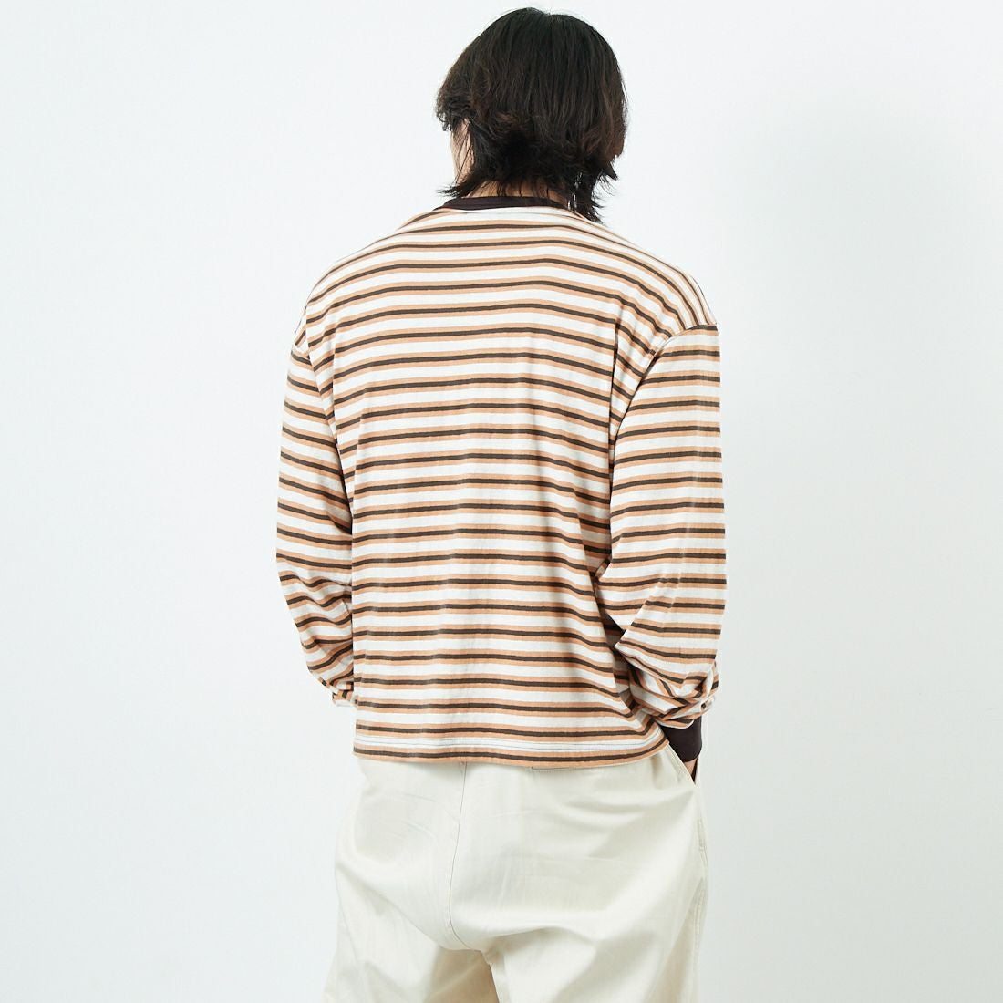 Name. [ネーム] ボーダーロングスリーブTシャツ [NMCU-044] BRN/ORANGE &&モデル身長：179cm 着用サイズ：0&&