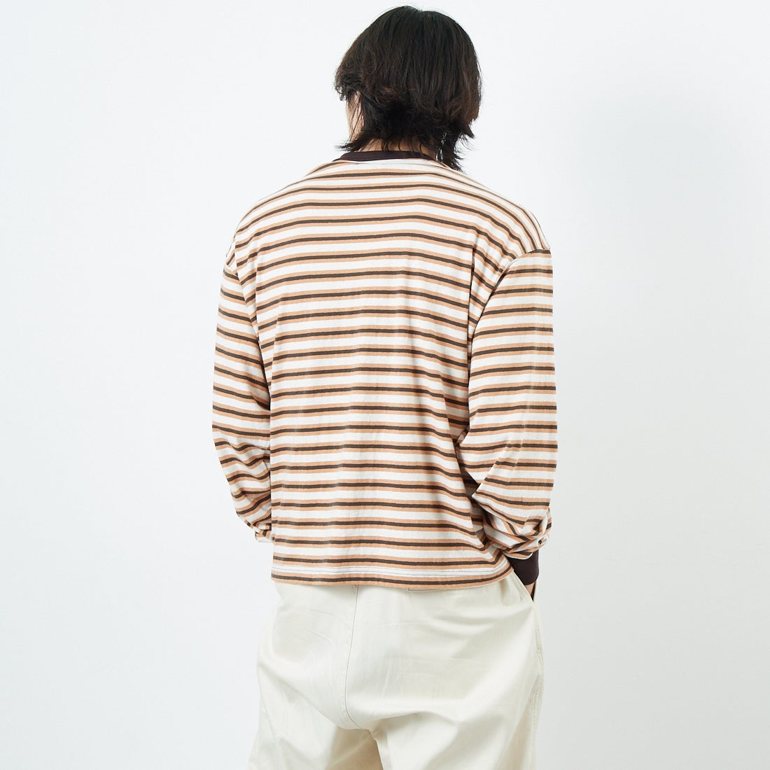 Name. [ネーム] ボーダーロングスリーブTシャツ [NMCU-044] BRN/ORANGE &&モデル身長：179cm 着用サイズ：0&&