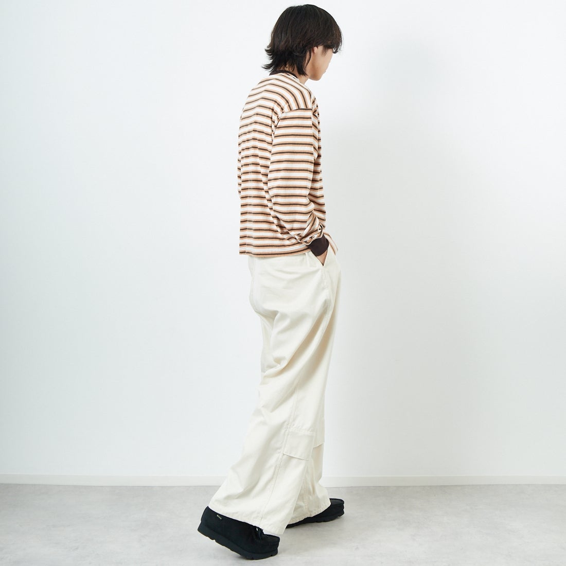Name. [ネーム] ボーダーロングスリーブTシャツ [NMCU-044] BRN/ORANGE &&モデル身長：179cm 着用サイズ：0&&