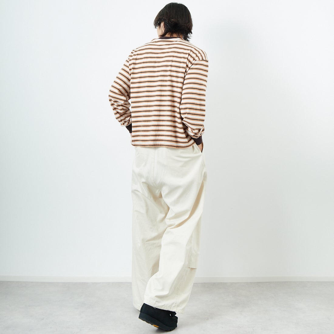 Name. [ネーム] ボーダーロングスリーブTシャツ [NMCU-044] BRN/ORANGE &&モデル身長：179cm 着用サイズ：0&&