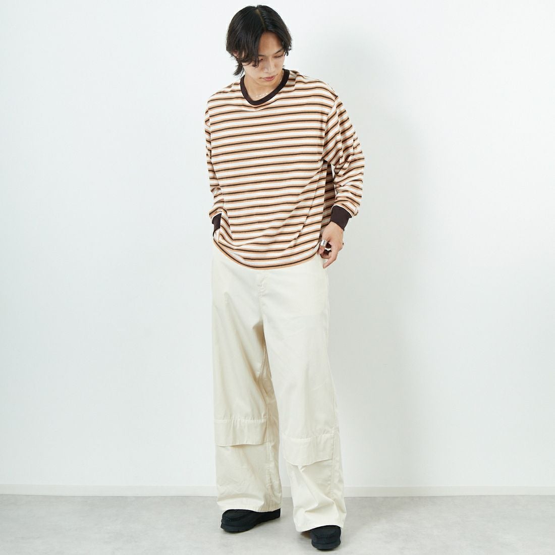 Name. [ネーム] ボーダーロングスリーブTシャツ [NMCU-044] BRN/ORANGE &&モデル身長：179cm 着用サイズ：0&&