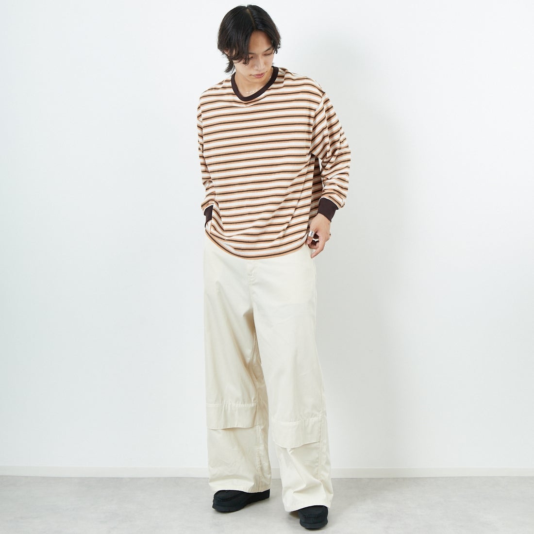 Name. [ネーム] ボーダーロングスリーブTシャツ [NMCU-044] BRN/ORANGE &&モデル身長：179cm 着用サイズ：0&&