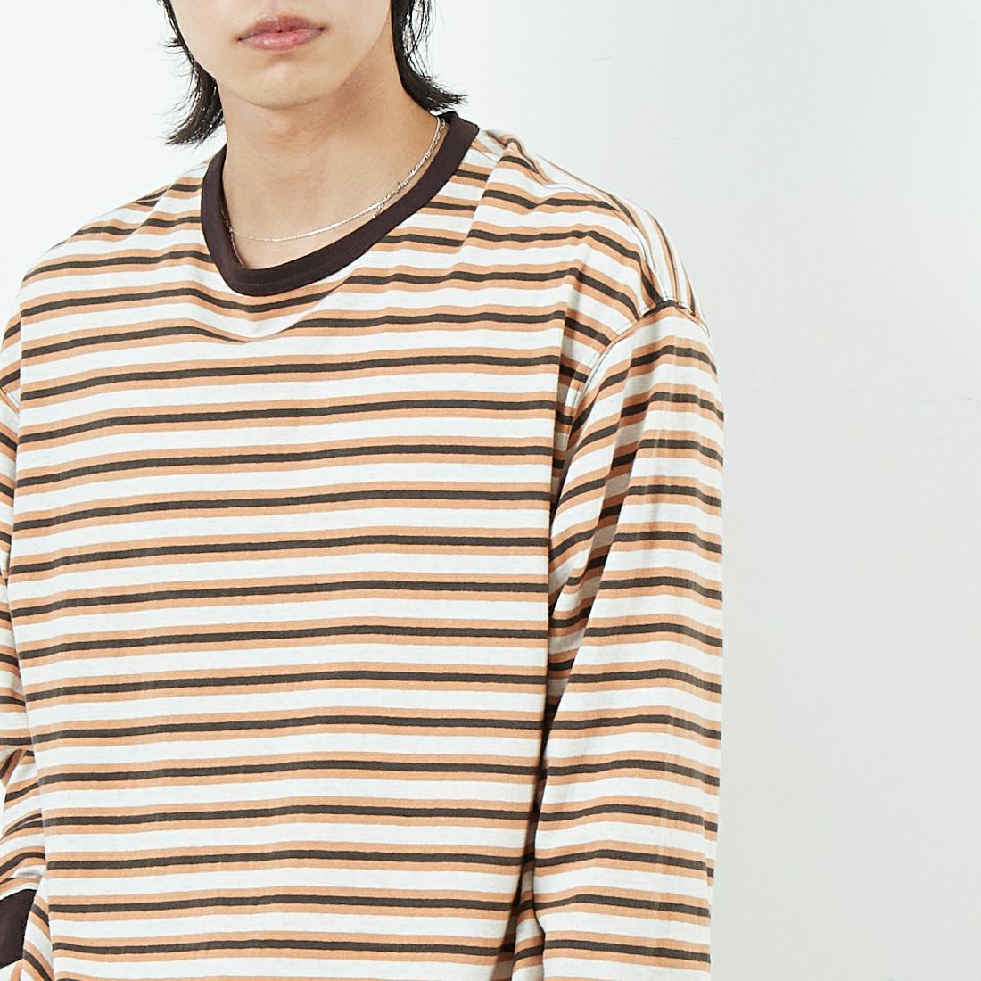 Name. [ネーム] ボーダーロングスリーブTシャツ [NMCU-044] BRN/ORANGE &&モデル身長：179cm 着用サイズ：0&&