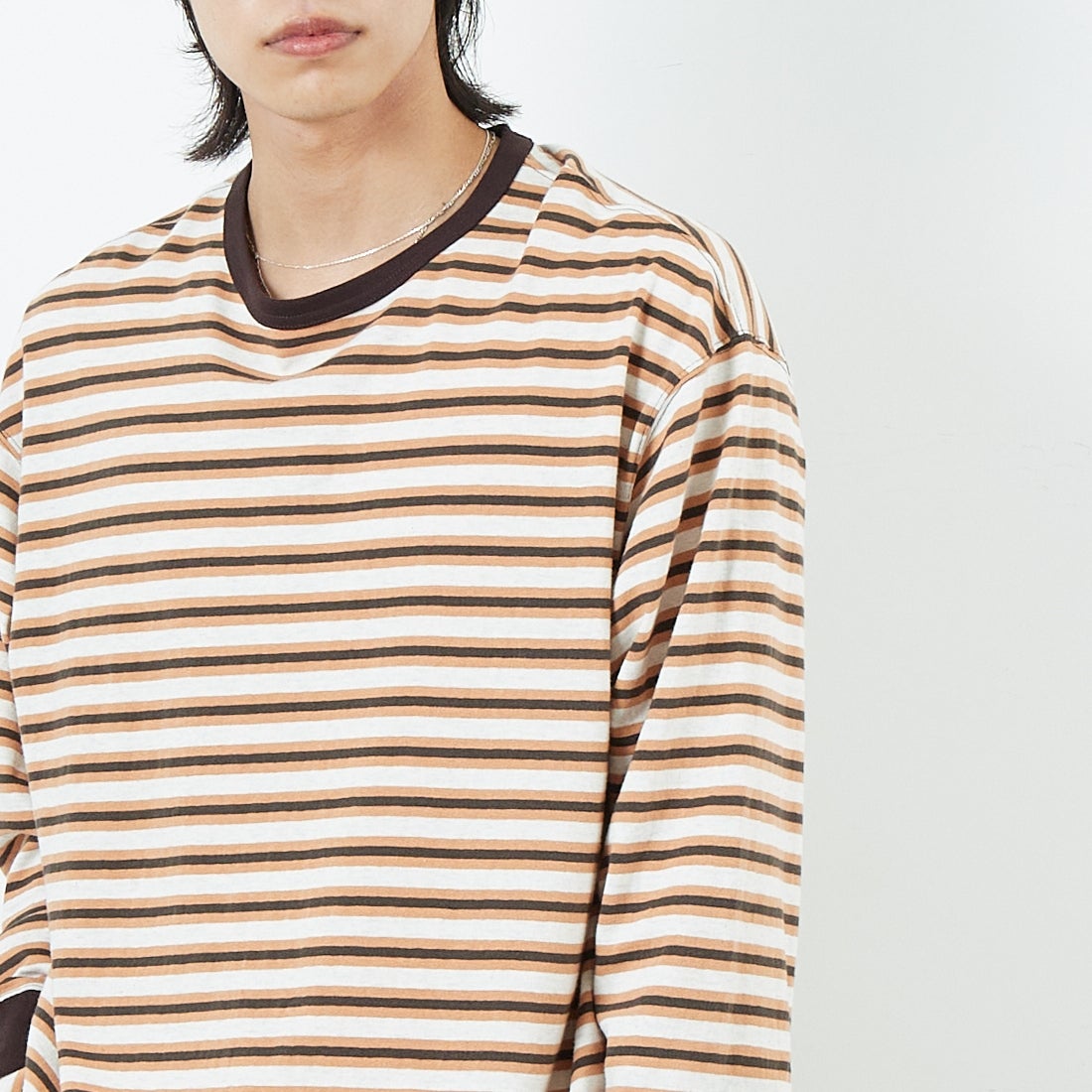 Name. [ネーム] ボーダーロングスリーブTシャツ [NMCU-044] BRN/ORANGE &&モデル身長：179cm 着用サイズ：0&&