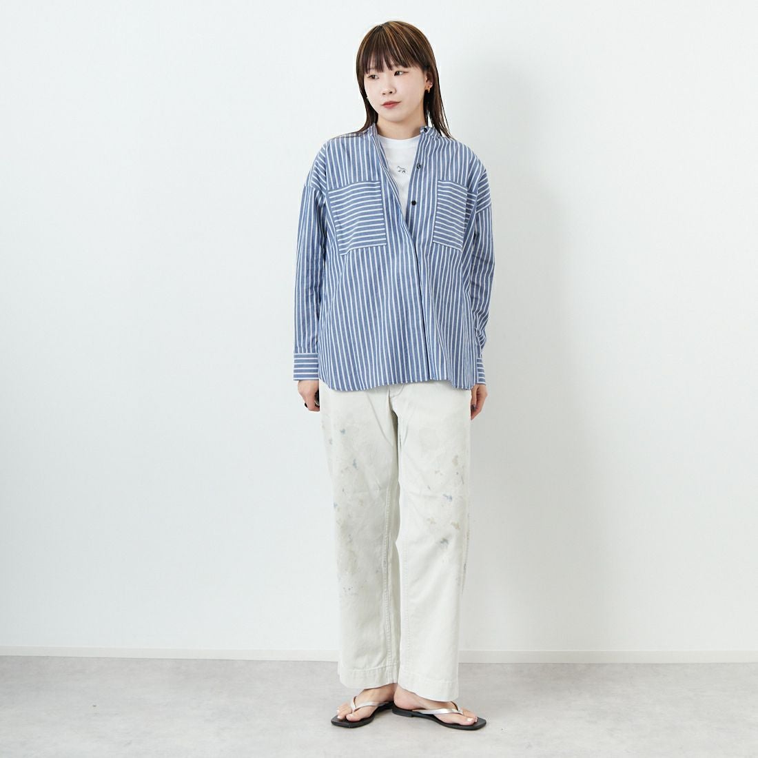 marmors [マルモア] バンドカラー ストライプブラウス [0225101029] BLUE &&モデル身長：167cm 着用サイズ：36&&