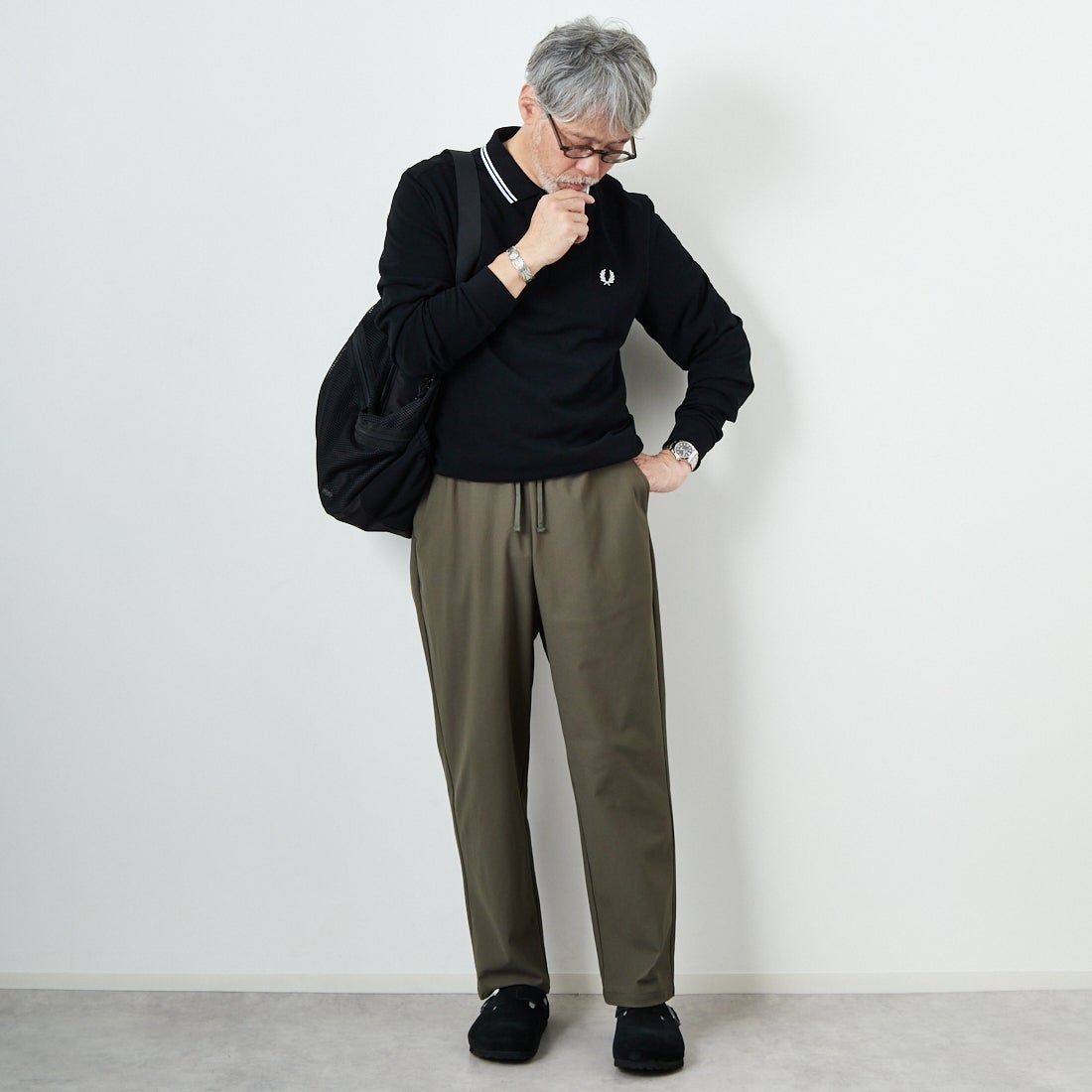 STILL BY HAND [スティルバイハンド] 別注 スリムテーパードパンツ [2501JF-EX05-JF] OLIVE&&モデル身長：174cm 着用サイズ：46&&