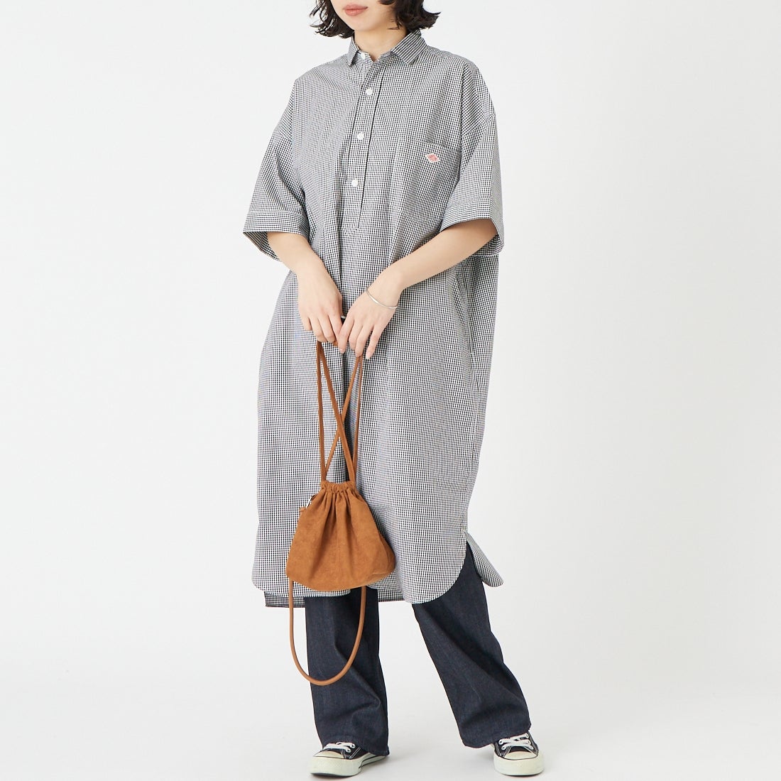 DANTON [ダントン] ショートスリーブ プルオーバードレス [JD-3655CPP] BK GINGHAM &&モデル身長：162cm 着用サイズ：36&&