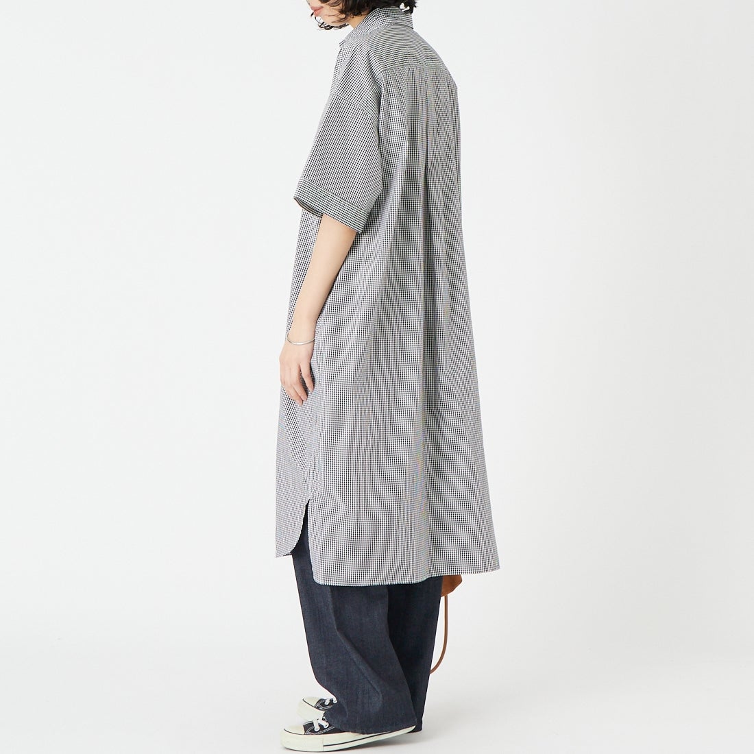 DANTON [ダントン] ショートスリーブ プルオーバードレス [JD-3655CPP] BK GINGHAM &&モデル身長：162cm 着用サイズ：36&&