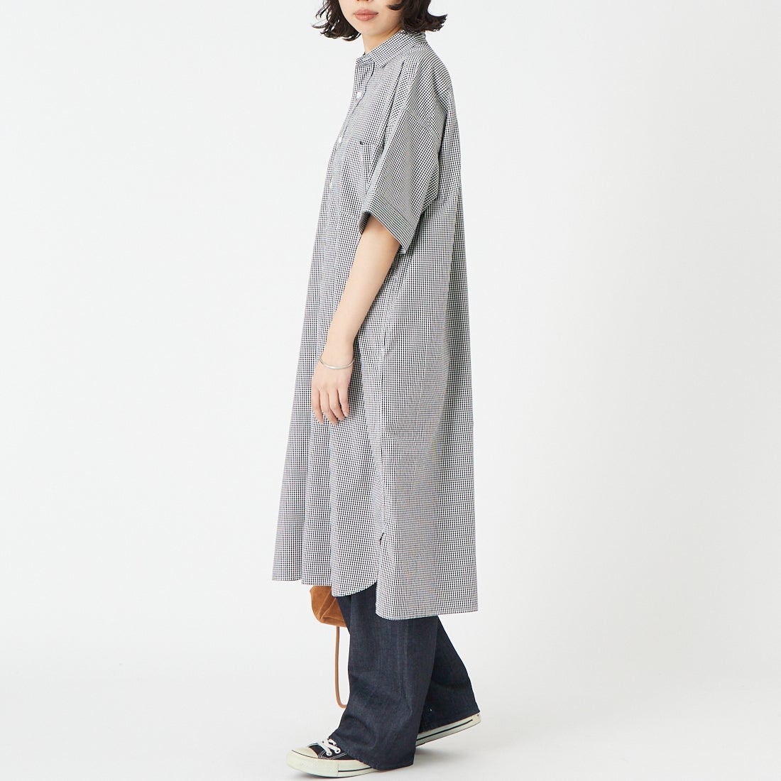 DANTON [ダントン] ショートスリーブ プルオーバードレス [JD-3655CPP] BK GINGHAM &&モデル身長：162cm 着用サイズ：36&&
