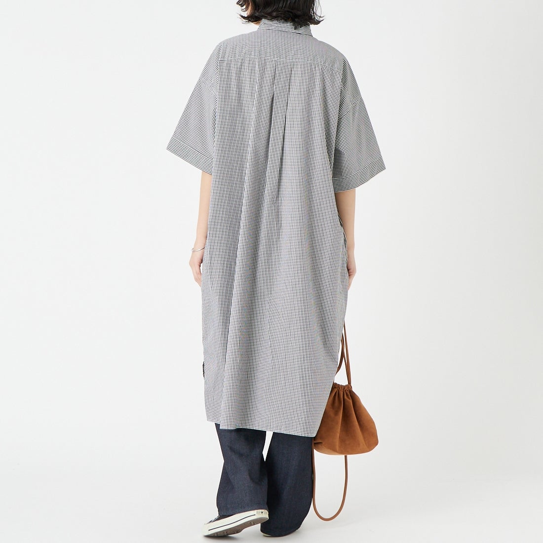 DANTON [ダントン] ショートスリーブ プルオーバードレス [JD-3655CPP] BK GINGHAM &&モデル身長：162cm 着用サイズ：36&&