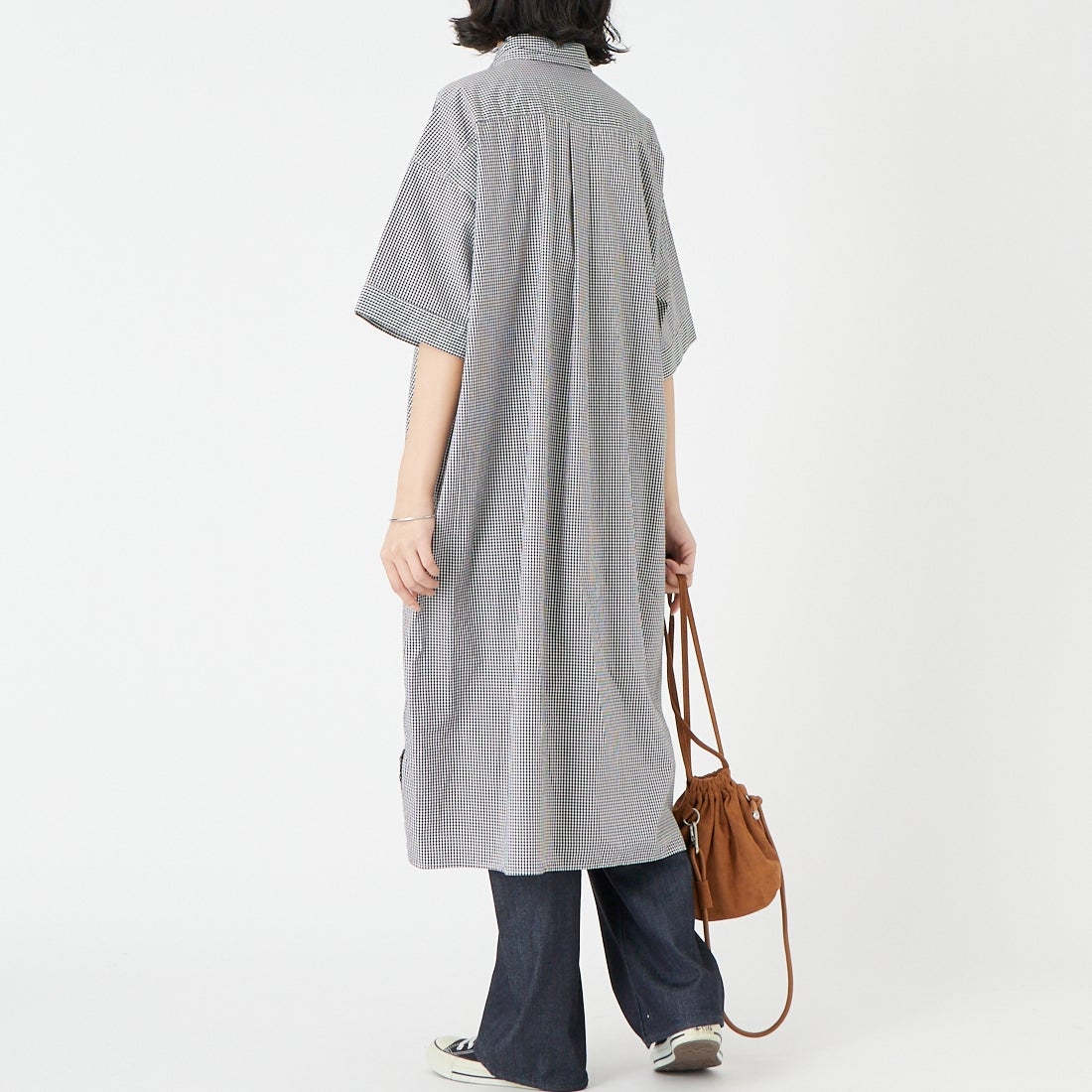 DANTON [ダントン] ショートスリーブ プルオーバードレス [JD-3655CPP] BK GINGHAM &&モデル身長：162cm 着用サイズ：36&&