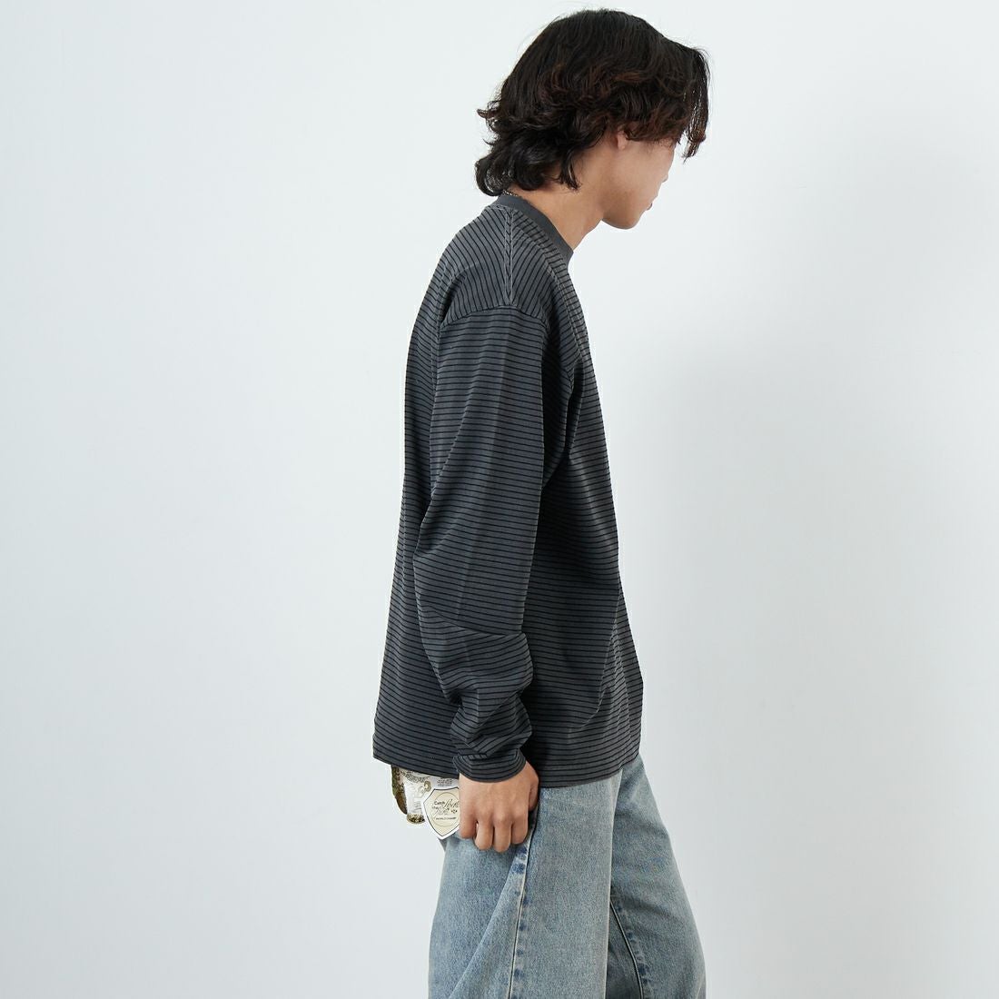 Health knit [ヘルスニット] クルーネック ロングスリーブ ボーダーTシャツ [HR25S-M108] INK BLACK &&モデル身長：179cm 着用サイズ：L&&