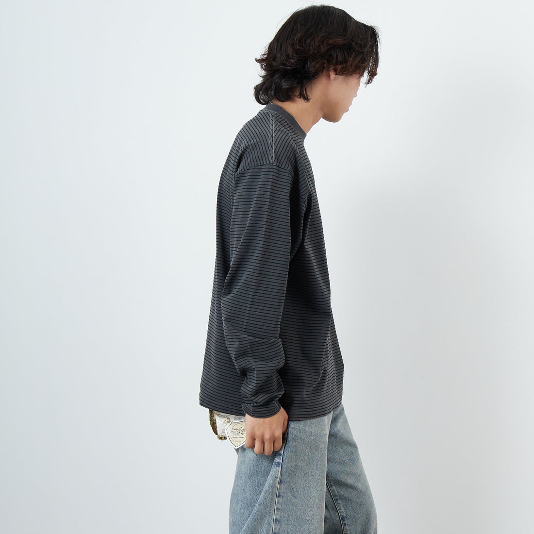 Health knit [ヘルスニット] クルーネック ロングスリーブ ボーダーTシャツ [HR25S-M108] INK BLACK &&モデル身長：179cm 着用サイズ：L&&