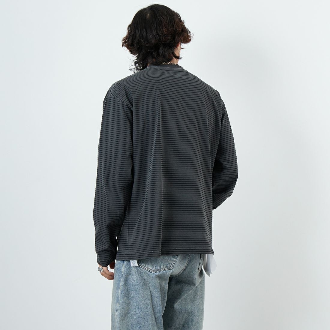 Health knit [ヘルスニット] クルーネック ロングスリーブ ボーダーTシャツ [HR25S-M108] INK BLACK &&モデル身長：179cm 着用サイズ：L&&