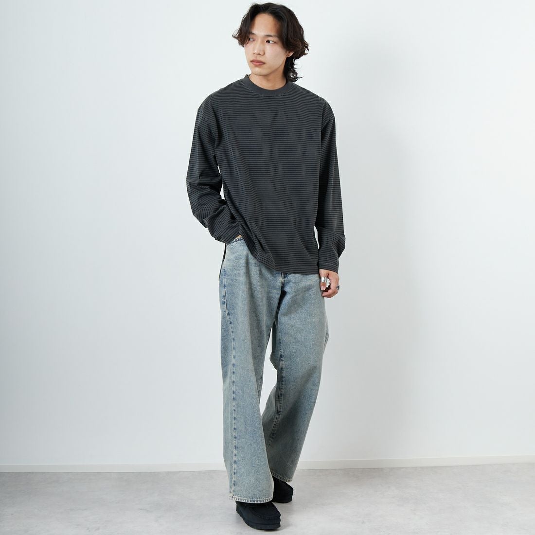 Health knit [ヘルスニット] クルーネック ロングスリーブ ボーダーTシャツ [HR25S-M108] INK BLACK &&モデル身長：179cm 着用サイズ：L&&