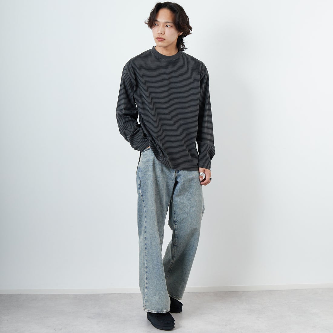 Health knit [ヘルスニット] クルーネック ロングスリーブ ボーダーTシャツ [HR25S-M108] INK BLACK &&モデル身長：179cm 着用サイズ：L&&