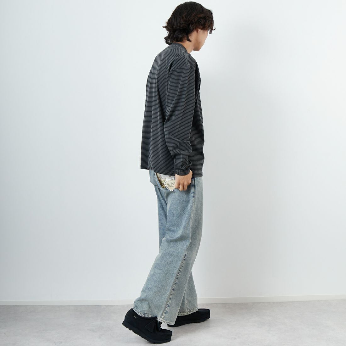 Health knit [ヘルスニット] クルーネック ロングスリーブ ボーダーTシャツ [HR25S-M108] INK BLACK &&モデル身長：179cm 着用サイズ：L&&