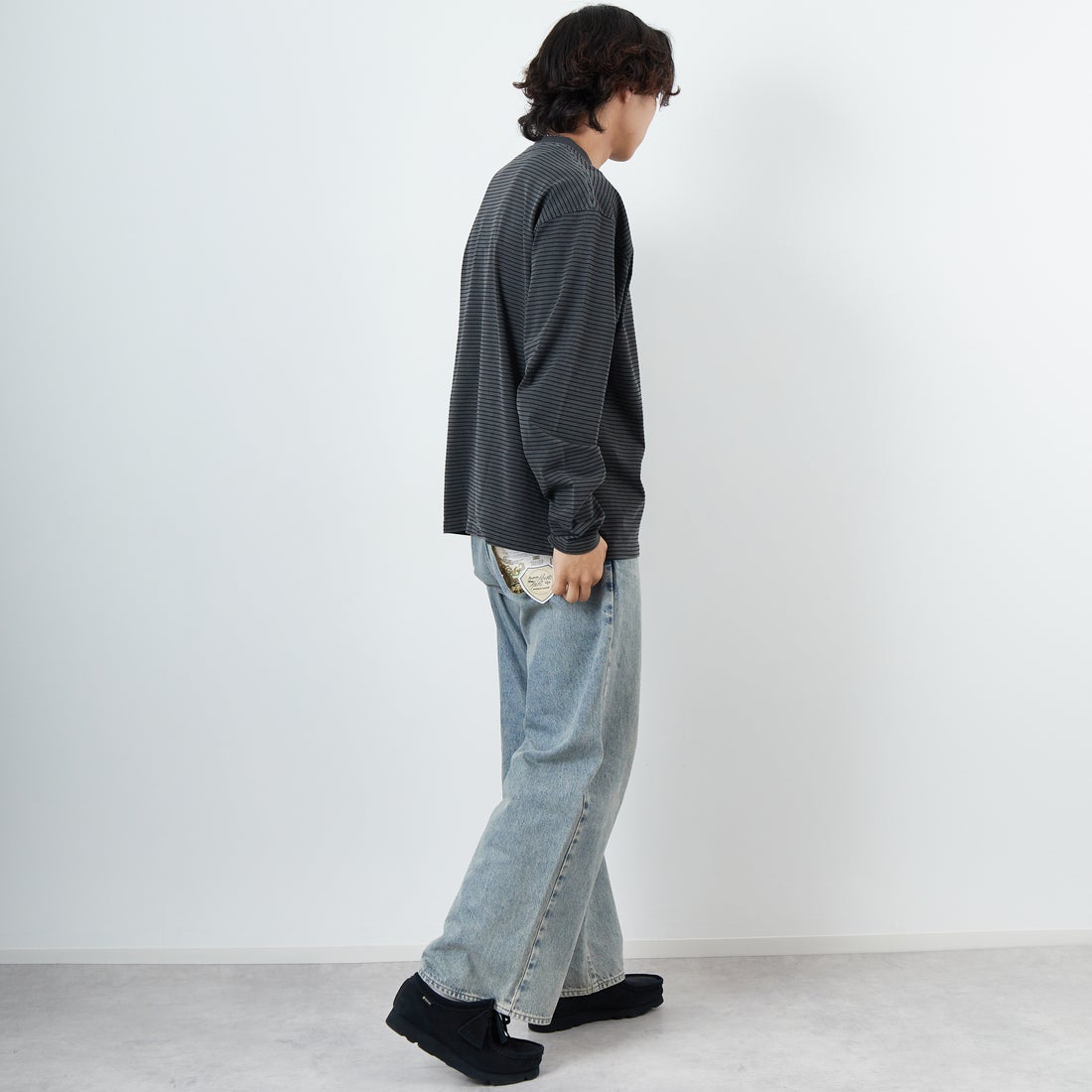 Health knit [ヘルスニット] クルーネック ロングスリーブ ボーダーTシャツ [HR25S-M108] INK BLACK &&モデル身長：179cm 着用サイズ：L&&