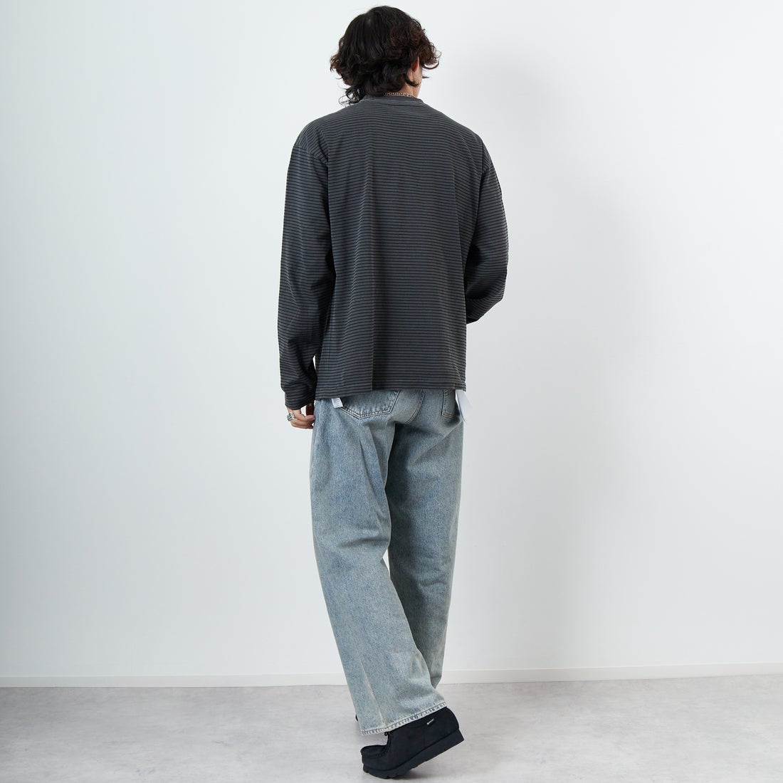 Health knit [ヘルスニット] クルーネック ロングスリーブ ボーダーTシャツ [HR25S-M108] INK BLACK &&モデル身長：179cm 着用サイズ：L&&