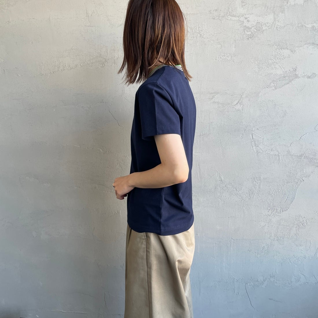 Gymphlex [ジムフレックス] クルーネック ニットラインTシャツ [GY-C0448CCB] NAVY/BEIGE &&モデル身長：158cm 着用サイズ：14&&