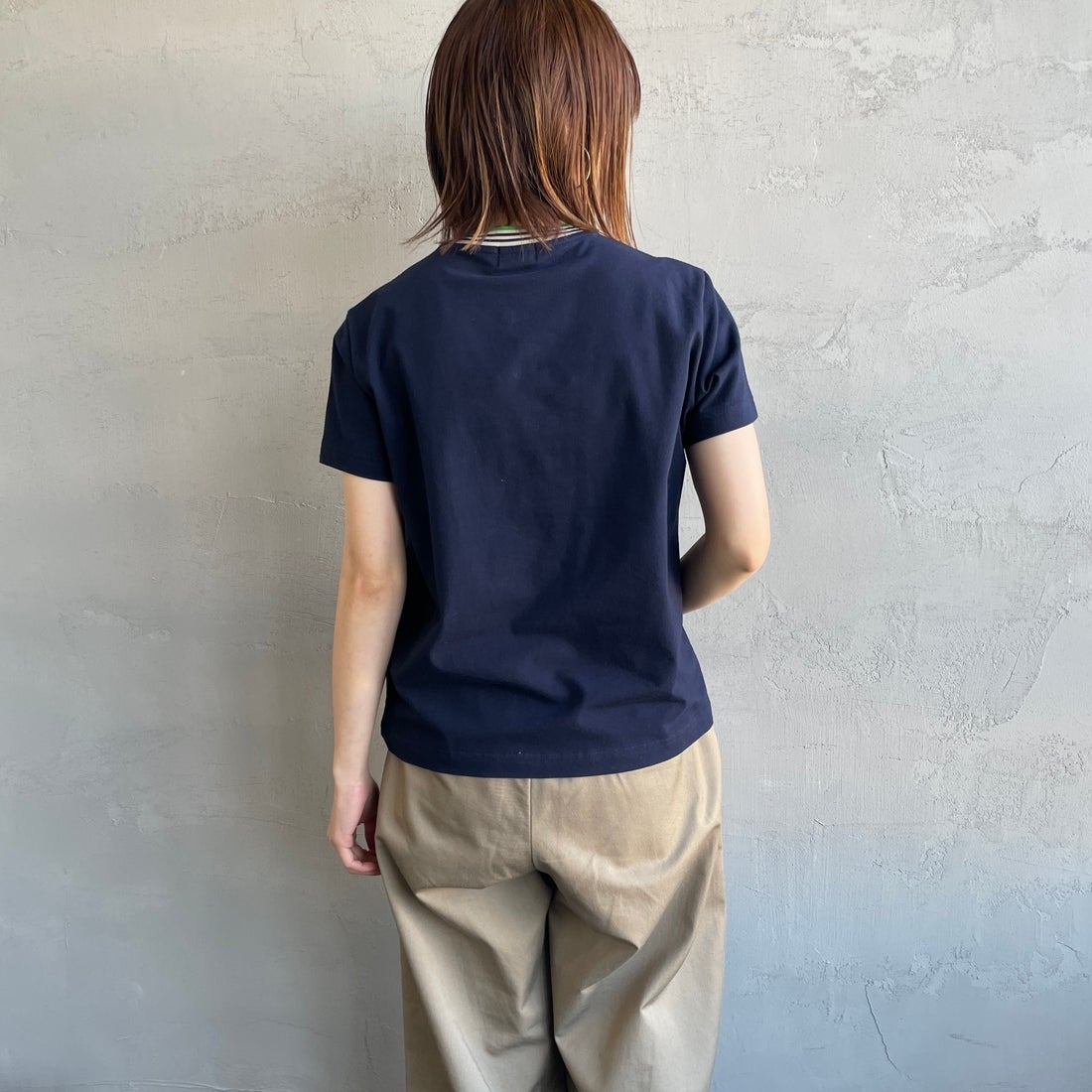 Gymphlex [ジムフレックス] クルーネック ニットラインTシャツ [GY-C0448CCB] NAVY/BEIGE &&モデル身長：158cm 着用サイズ：14&&