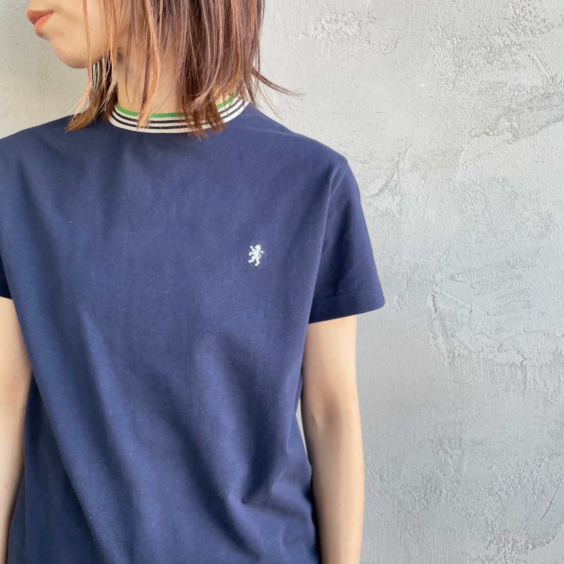 Gymphlex [ジムフレックス] クルーネック ニットラインTシャツ [GY-C0448CCB] NAVY/BEIGE &&モデル身長：158cm 着用サイズ：14&&
