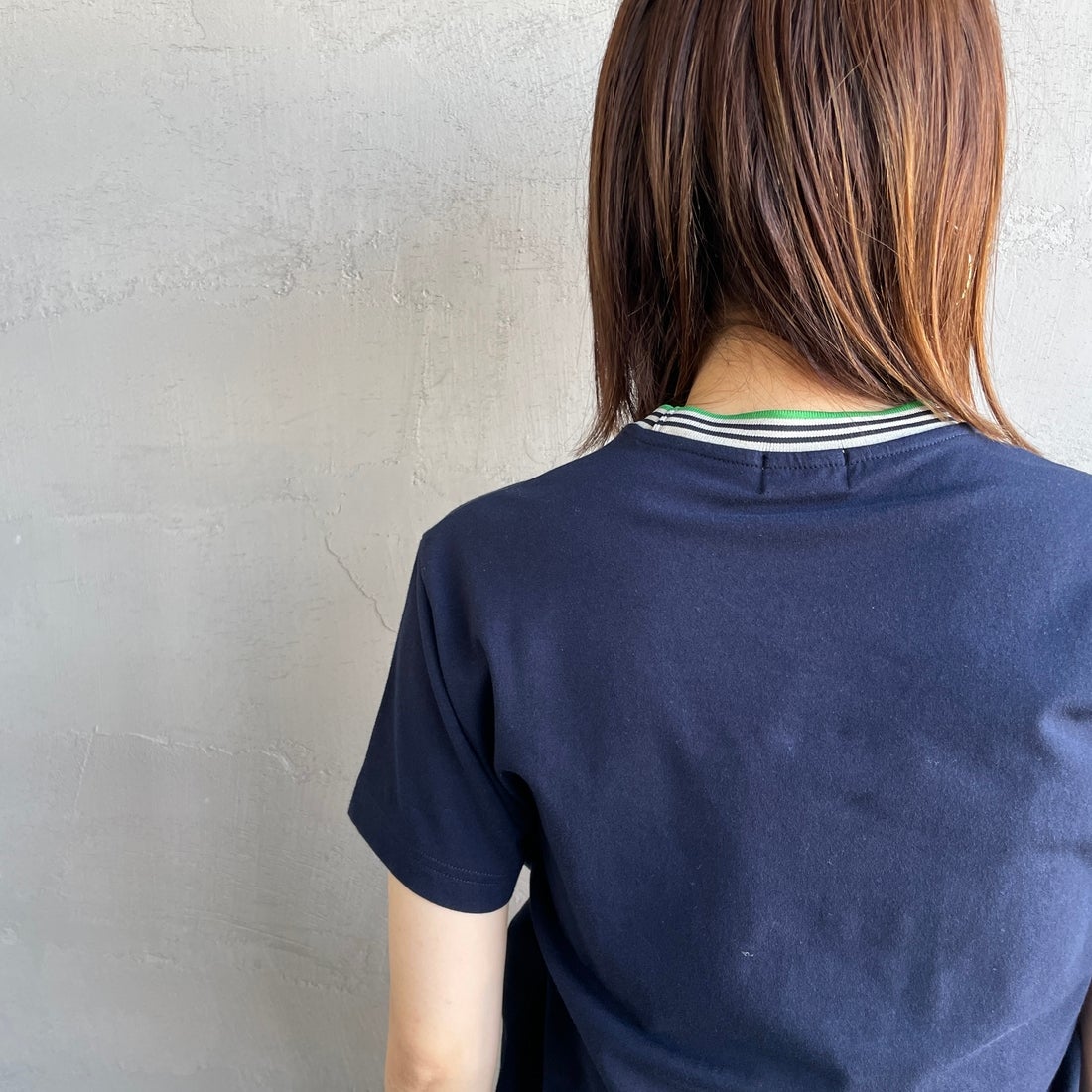 Gymphlex [ジムフレックス] クルーネック ニットラインTシャツ [GY-C0448CCB] NAVY/BEIGE &&モデル身長：158cm 着用サイズ：14&&