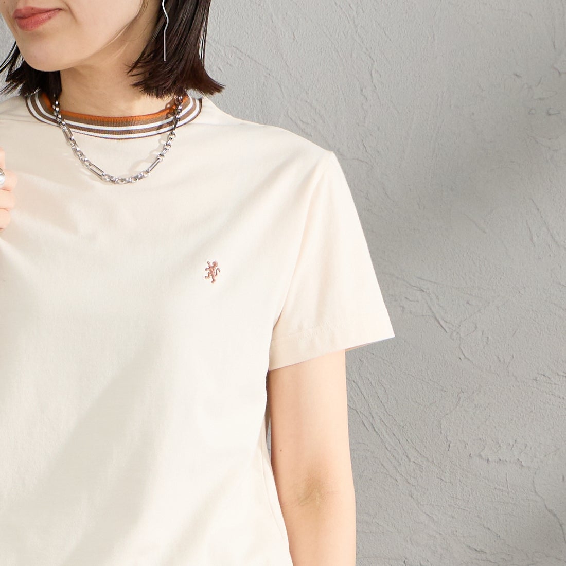 Gymphlex [ジムフレックス] クルーネック ニットラインTシャツ [GY-C0448CCB] BEIGE/BROW &&モデル身長：160cm 着用サイズ：14&&