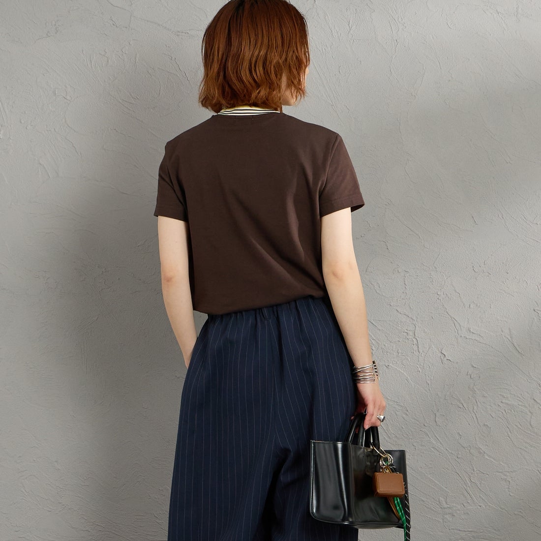 Gymphlex [ジムフレックス] クルーネック ニットラインTシャツ [GY-C0448CCB] BROWN/ECRU &&モデル身長：158cm 着用サイズ：14&&