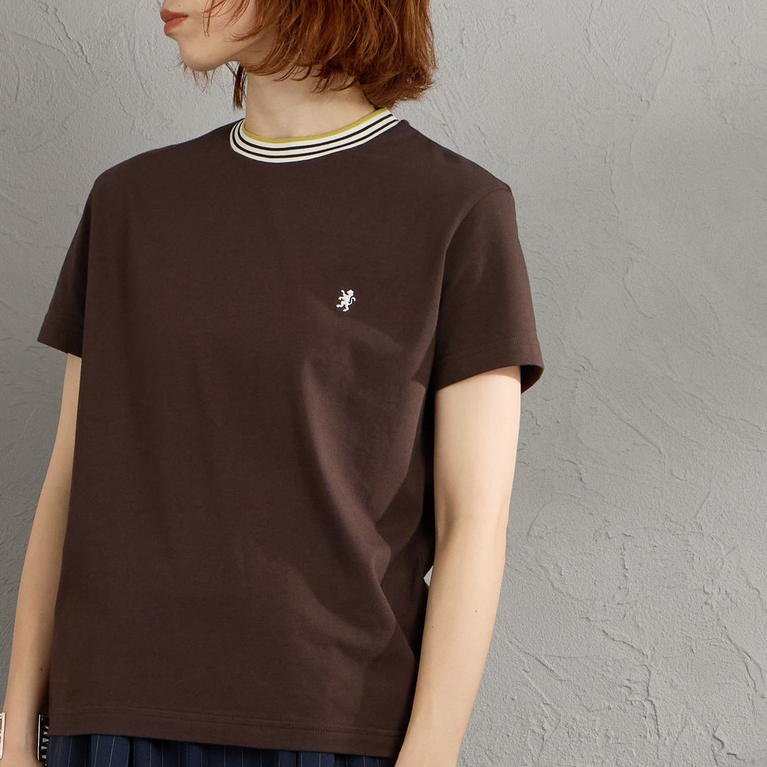 Gymphlex [ジムフレックス] クルーネック ニットラインTシャツ [GY-C0448CCB] BROWN/ECRU &&モデル身長：158cm 着用サイズ：14&&