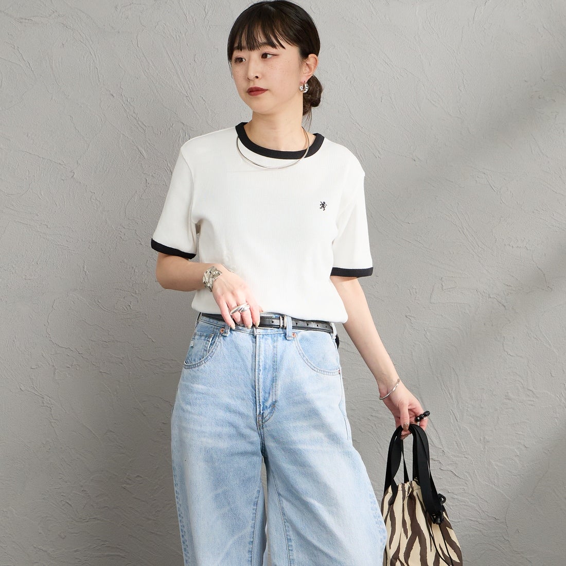 Gymphlex [ジムフレックス] クルーネックリンガーTシャツ [GY-C0326VRL] WHITE &&モデル身長：150cm 着用サイズ：14&&