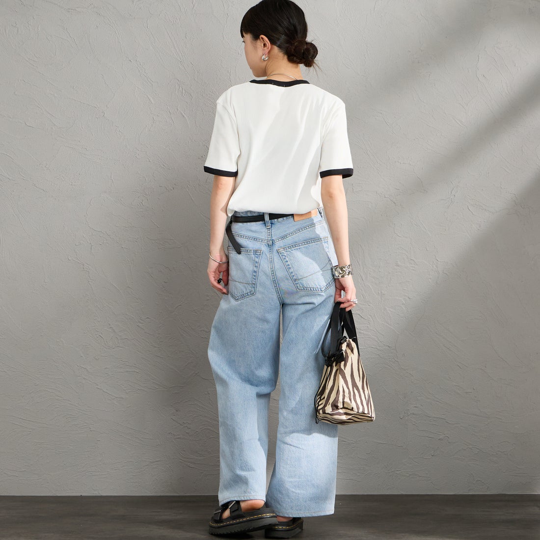 Gymphlex [ジムフレックス] クルーネックリンガーTシャツ [GY-C0326VRL] WHITE &&モデル身長：150cm 着用サイズ：14&&