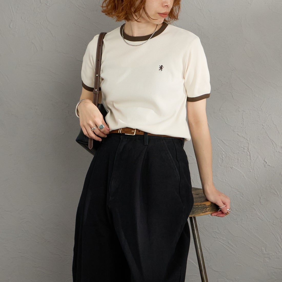 Gymphlex [ジムフレックス] クルーネックリンガーTシャツ [GY-C0326VRL] ECRU &&モデル身長：158cm 着用サイズ：14&&