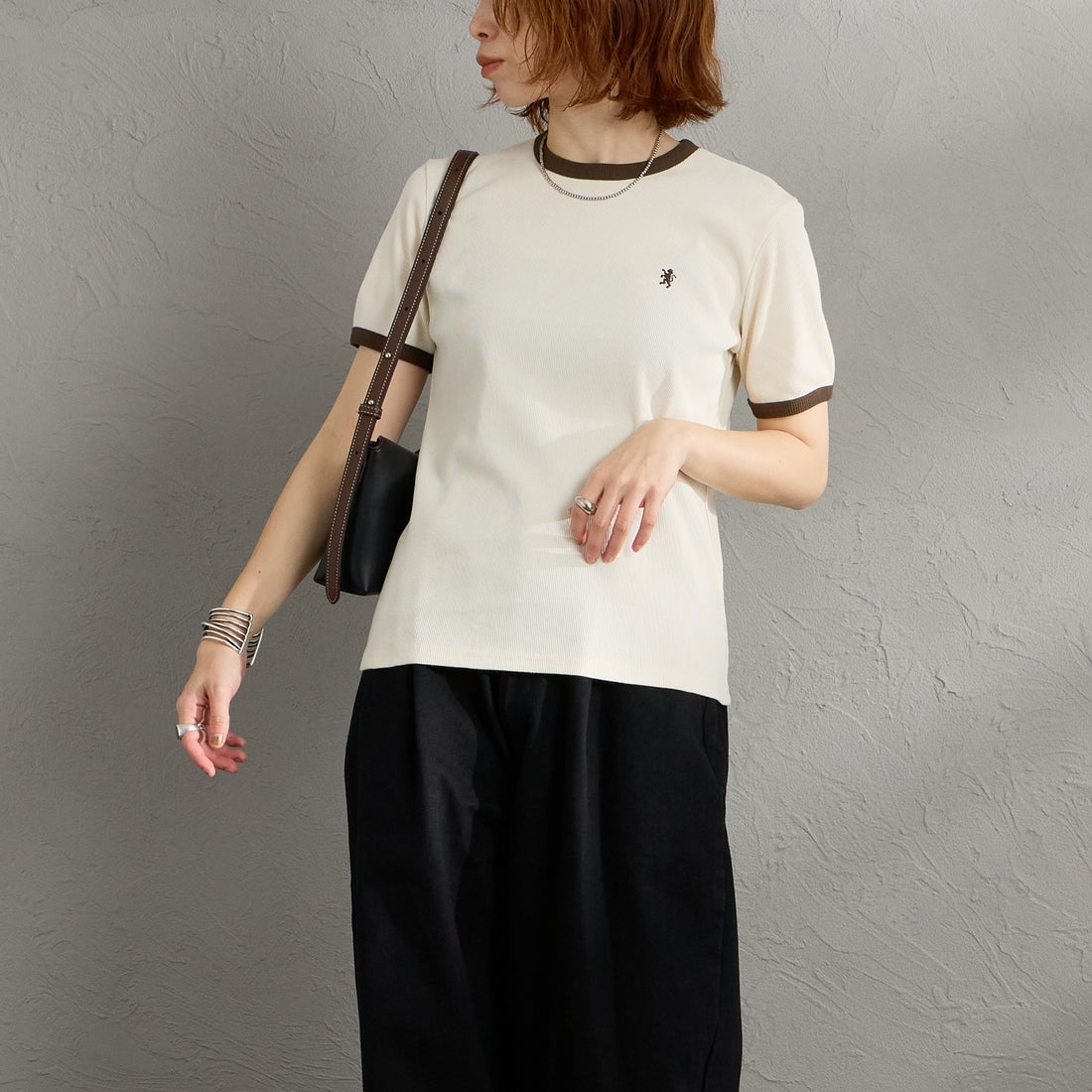 Gymphlex [ジムフレックス] クルーネックリンガーTシャツ [GY-C0326VRL] ECRU &&モデル身長：158cm 着用サイズ：14&&