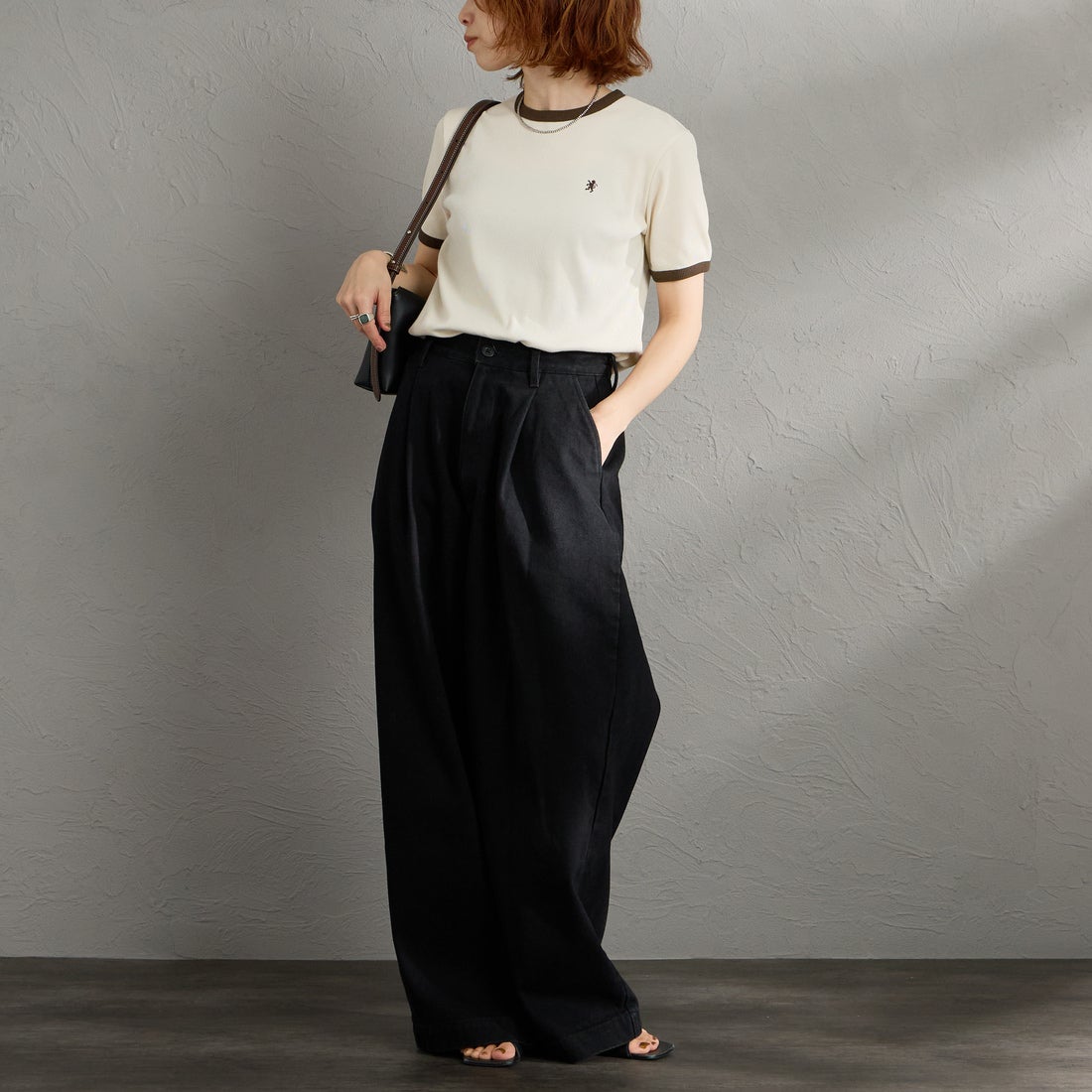 Gymphlex [ジムフレックス] クルーネックリンガーTシャツ [GY-C0326VRL] ECRU &&モデル身長：158cm 着用サイズ：14&&