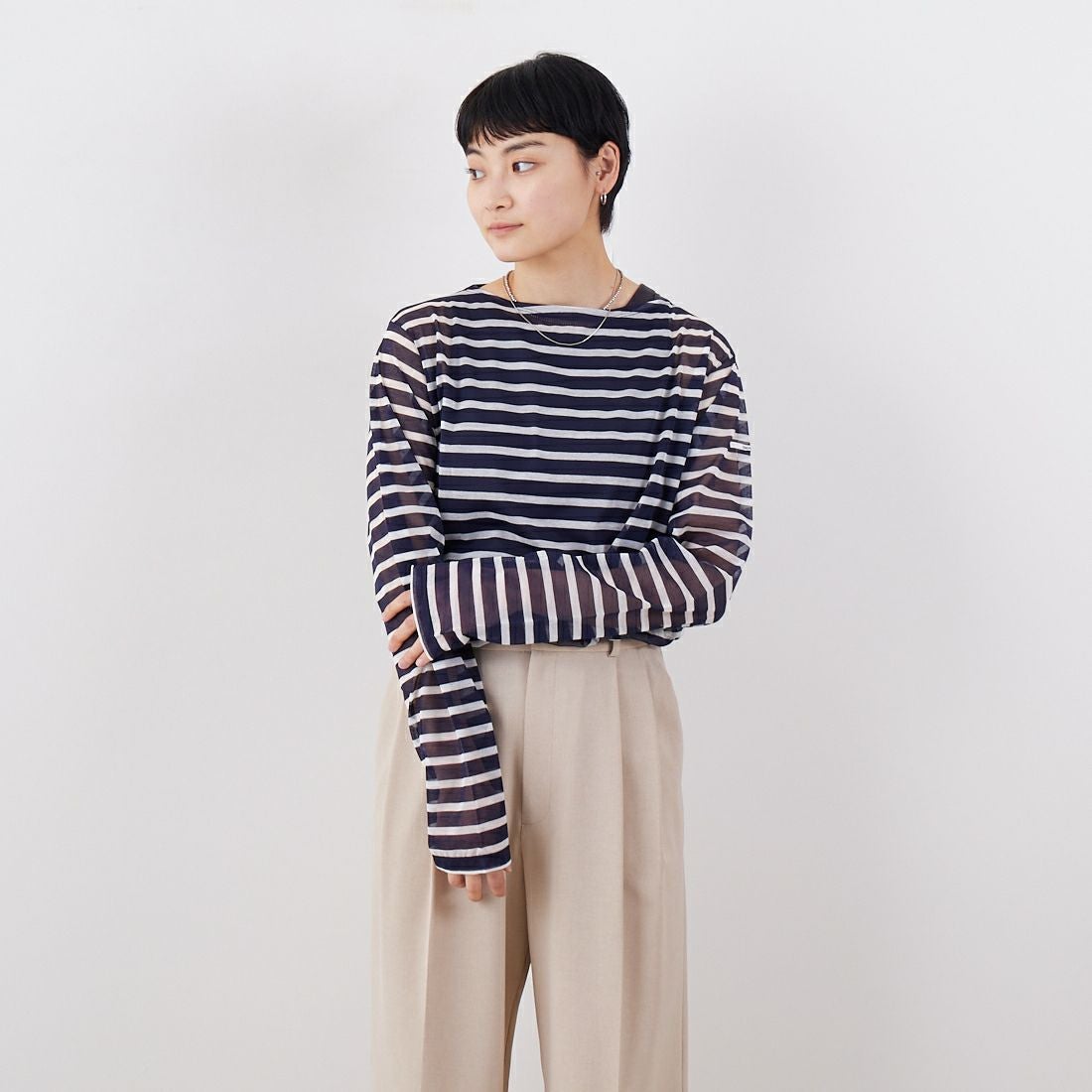 ORCIVAL [オーシバル] シースルーボートネックボーダーカットソー [OR-C0461STJ] NAVY/OFF W &&モデル身長：160cm 着用サイズ：2&&