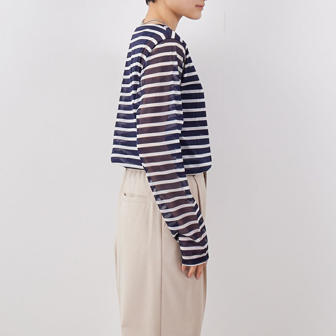 ORCIVAL [オーシバル] シースルーボートネックボーダーカットソー [OR-C0461STJ] NAVY/OFF W &&モデル身長：160cm 着用サイズ：2&&